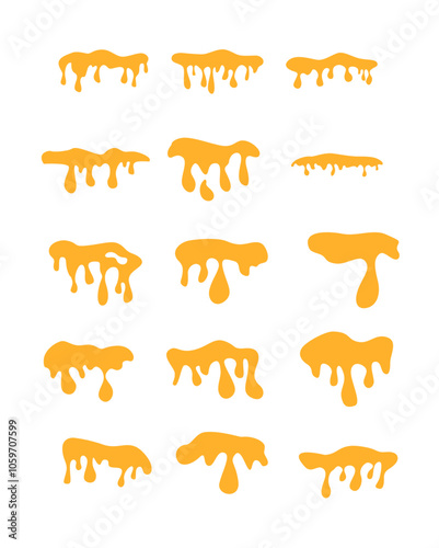 Honey dripping golden yellow realistic syrup. melting cheese liquid drop border with flat top for top decoration frame vector illustration set Pro Vector