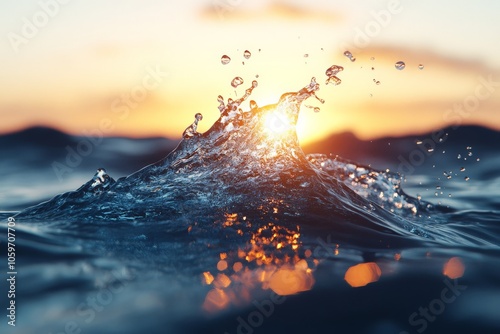 A joyous wave playfully reaches for the setting sun, its droplets suspended in mid-air, epitomizing the boundless energy and delight found in nature. photo