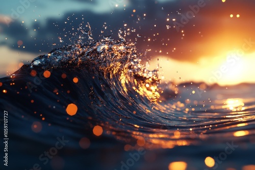 A powerful wave surges forward, showered in golden sunlight, encapsulating the dynamic beauty and ever-changing essence of the ocean environment. photo