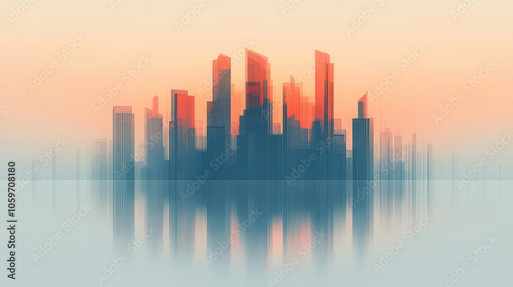 Fototapeta premium A futuristic city skyline reflecting on tranquil waters at sunset, showcasing modern architecture and vibrant colors.