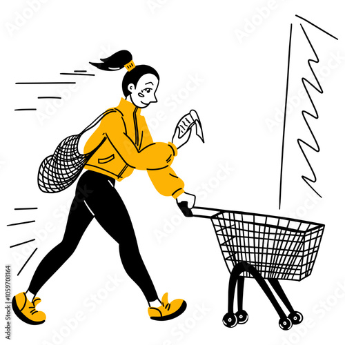 Girl hurries to supermarket for shopping with empty bag and shopping cart. Young woman with shopping list in trendy sportswear runs to store. Cartoon hand drawn vector illustration isolated