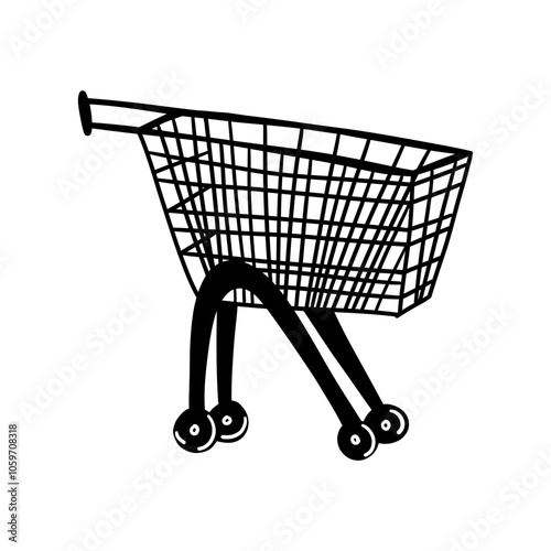 Empty shopping cart. Cartoon supermarket cart. Shop trolley. Purchase in store or market. Related to shopping and retail. Hand drawing line flat vector illustration isolated on white