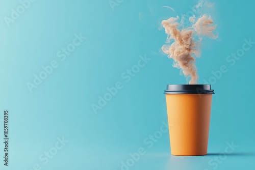 A striking image of an orange takeaway coffee cup releasing artistic steam, set against a tranquil blue background, symbolizing warmth and creativity. photo