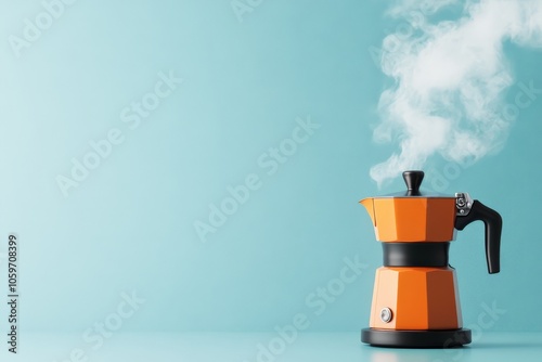 A vibrant orange moka pot emits steam against a soothing blue backdrop, capturing the essence of morning coffee rituals with elegance and simplicity. photo