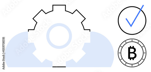 Gear icon with two clouds, checkmark inside circle, and Bitcoin coin illustration depicting technology and cryptocurrency. Ideal for tech, blockchain, finance, security, cloud computing, reliability