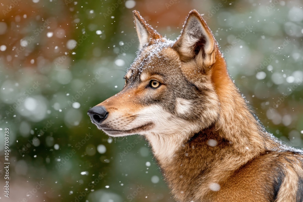 Obraz premium A Majestic Wolf Gazes Intently Through the Snowy Forest in Soft Winter Light