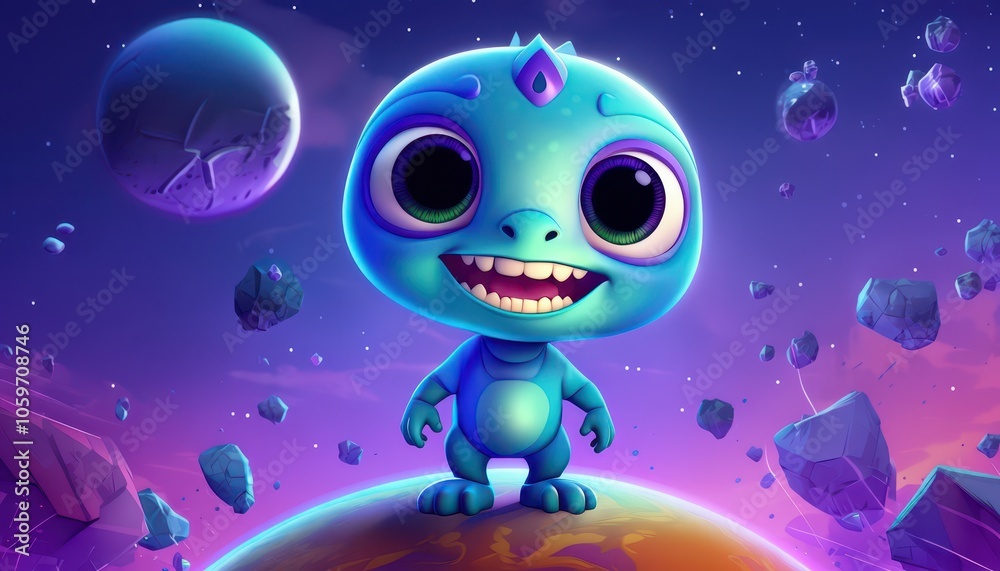 Fototapeta premium A cute, blue alien character stands joyfully on a colorful planet amidst a cosmic backdrop.