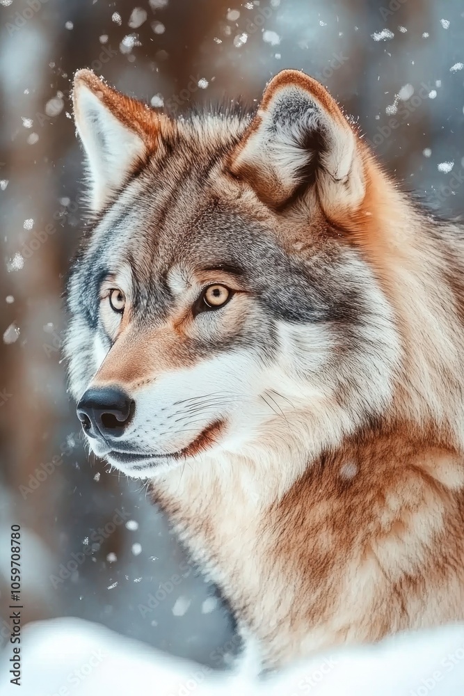 Obraz premium A Majestic Wolf Gazes Intensely Through Soft Snow in a Serene Winter Forest Landscape