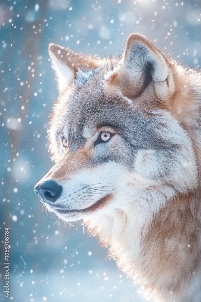 Fototapeta premium Majestic Wolf Gazes Intensely Through a Snowy Forest in Soft Winter Light