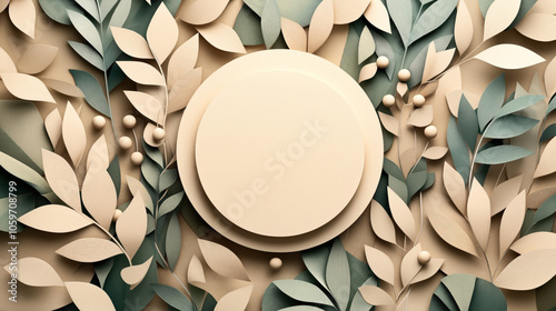 Abstract botanical paper art with layered beige and green leaves surrounding blank circular space in the center