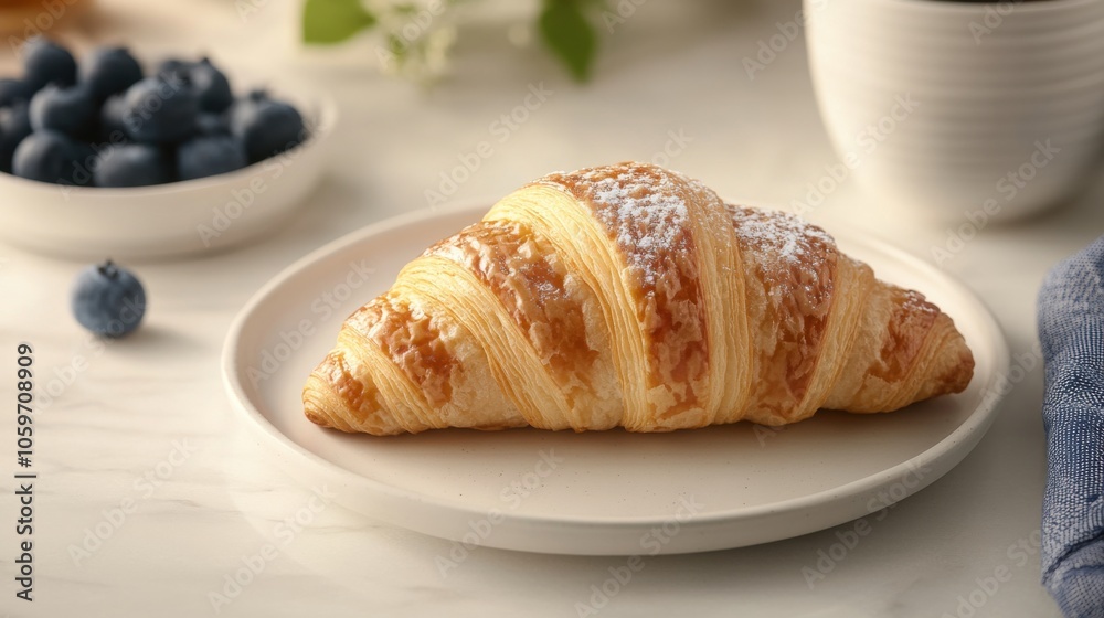 Delicious croissant on elegant plate with fresh blueberries and floral elements for culinary inspiration Delicious croissant on elegant plate with fresh blueberries and floral elements for culinary inspiration