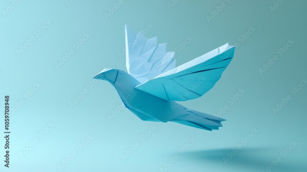 Obraz premium Elegant Blue Origami Bird in Flight Against a Soft Background
