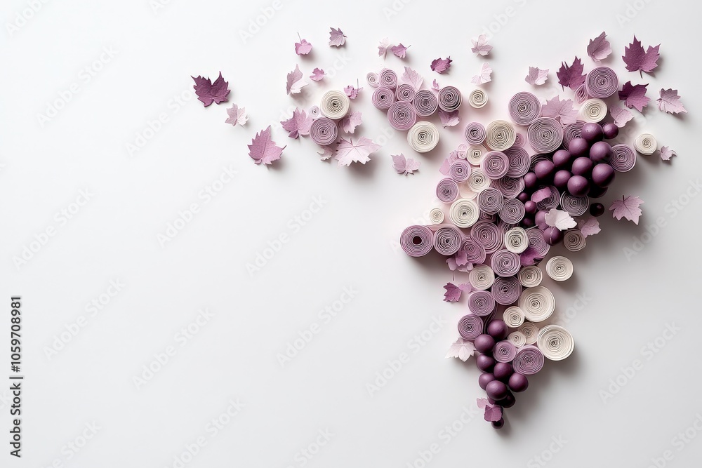 This image features an elegant arrangement of grape clusters and autumn leaves crafted through paper quilling, representing creativity and artistic excellence.