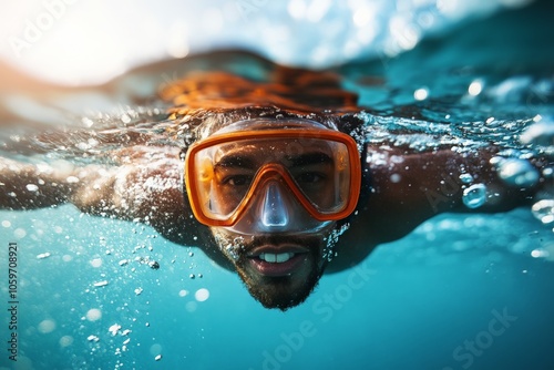 Vividly colorful scenery highlights a man relishing in the ocean as he snorkels, with his vivaciously orange goggles reflecting his energetic, explorer spirit. photo