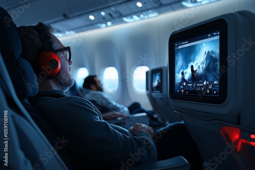 A passenger on an airplane watches a movie on the in-flight screen wearing red headphones, with a relaxed demeanor, capturing a moment of leisure and entertainment.