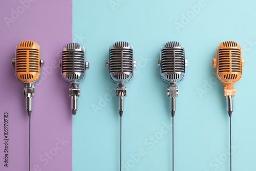 Five vintage microphones strategically aligned on a width-spanning dual-tone purple and blue background symbolize precision and balance, enhancing visual appeal and interest. photo