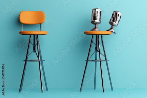 A thoughtfully arranged scene with two vintage microphones placed on a high chair beside a leaning stool, set on a calming blue surface evoking creativity and balance. photo