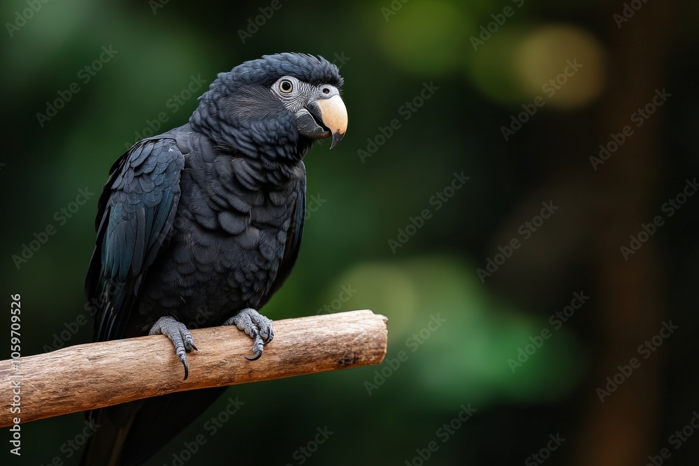 Fototapeta premium A striking black parrot is perched serenely on a branch against a vibrant, lush background, showcasing the beauty and elegance of nature's creatures.