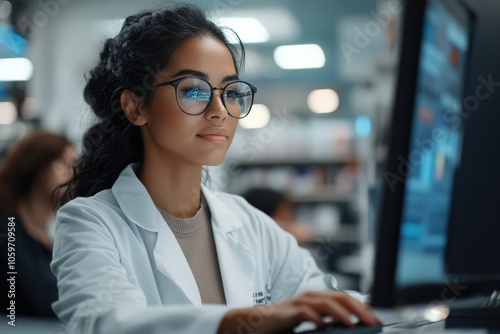 A focused scientist wearing glasses works intently at her computer in a laboratory, reflecting dedication to scientific research and data analysis. photo