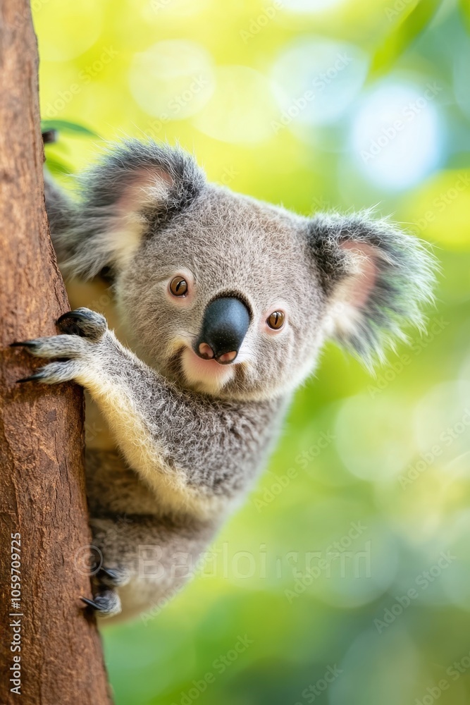 Fototapeta premium A Playful Koala Climbs Effortlessly on a Tree Branch in a Vibrant Australian Eucalyptus Forest