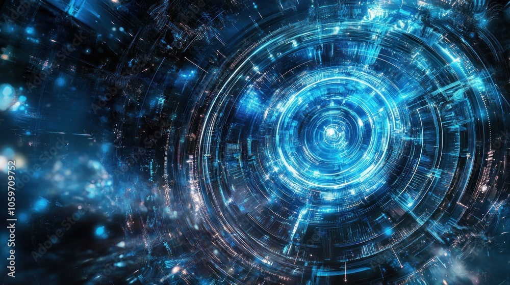 Obraz premium Abstract digital background with concentric rings of blue light and a glowing center.