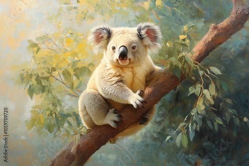 A Charming Koala Clings to a Branch Amidst Lush Greenery in a Vibrant Dreamlike Landscape photo