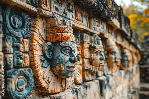 Aztec mural in temple ruins with warrior and god depictions. photo