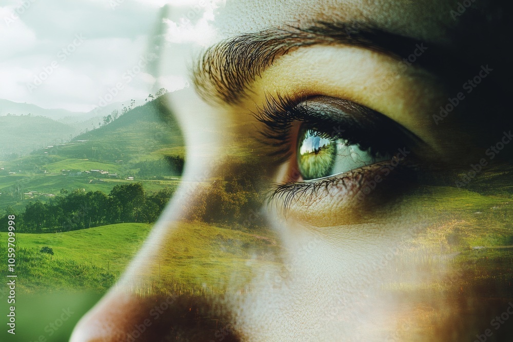 custom made wallpaper toronto digitalExploring deep connections with nature through green landscapes and eco-conscious reflections in serene eyes