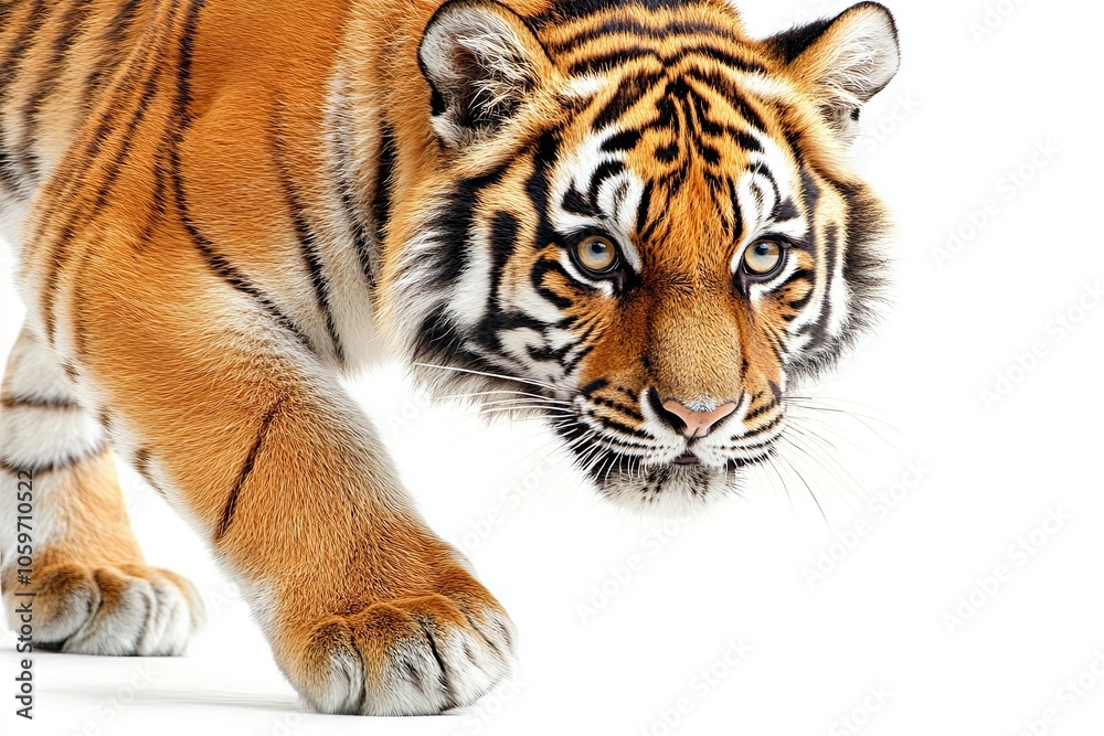 Obraz premium Siberian Tiger Gracefully Prowling, Showcasing Its Majestic Beauty Against a Transparent Backdrop