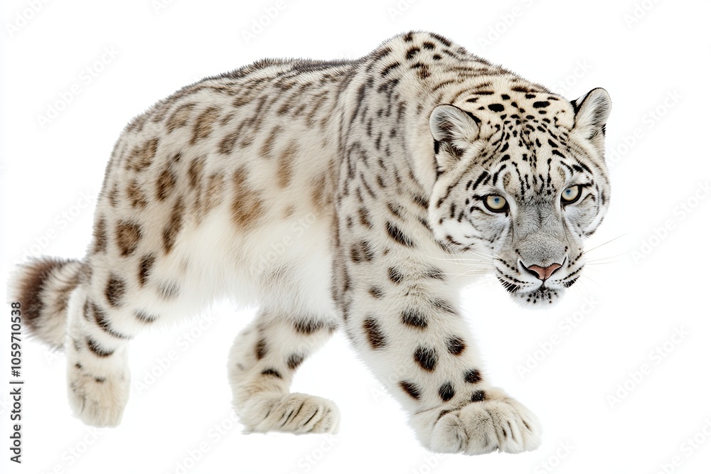 Obraz premium A Majestic Siberian Snow Leopard Gracefully Prowls in Side View Against a Transparent Backdrop