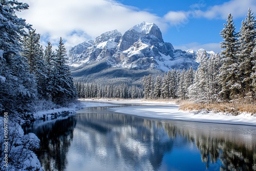 Reflets spectaculaires des montagnes dans un lac gelé au coeur des Rocheuses canadiennes.