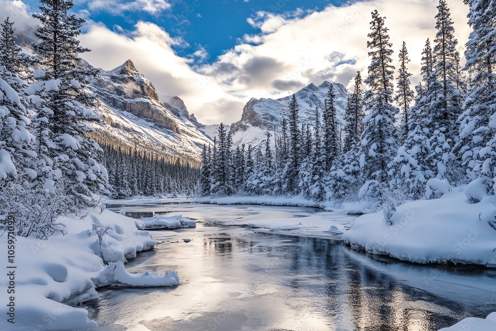 Rivière gelée dans une vallée montagneuse des Rocheuses en hiver.