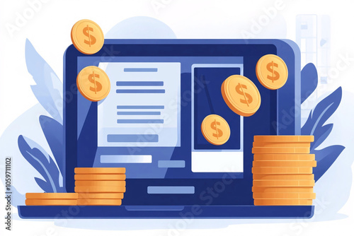 An illustration of a laptop with dollar coins and stacks of coins around it, symbolizing online financial transactions, digital currency, or e-commerce