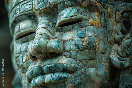 Mayan jade mask with intricate inlays and facial details.