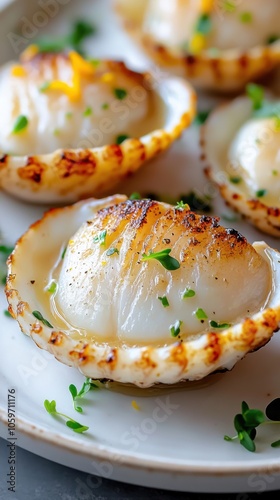 Elegant coquilles saint-jacques flat lay with fresh garnish for gourmet dining inspiration photo