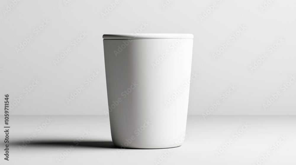 Minimalist image of a white cylindrical trash can with a flat lid, placed in a neutral setting against a uniform background for highlighting design. Minimalist image of a white cylindrical trash can with a flat lid, placed in a neutral setting against a uniform background for highlighting design.