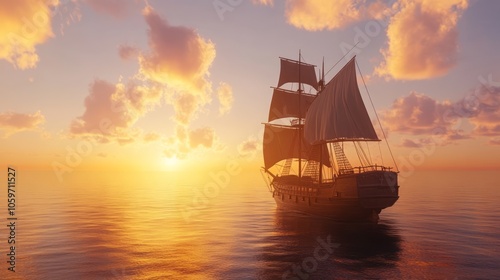 Majestic Sailing Ship at Sunset Over Calm Waters