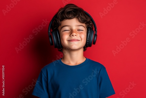 A little boy, wearing headphones and a blue t-shirt, stands against a bold red wall, captured mid-grin, expressing pure joy in simple pleasures. photo