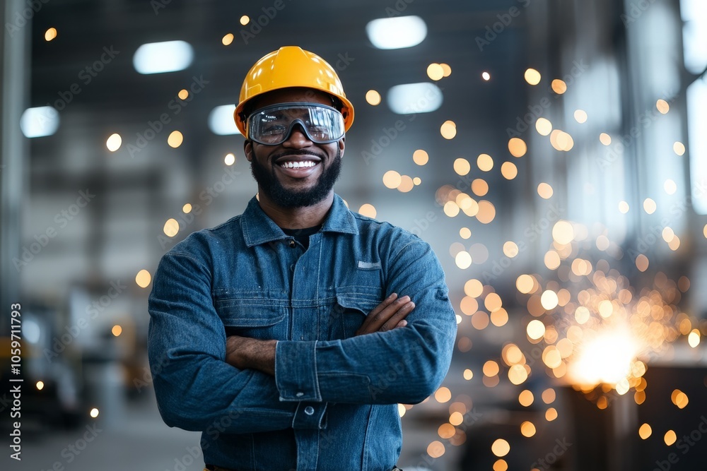 A cheerful worker in a safety helmet smiles confidently as they stand in a vibrant factory setting with bright sparks in the background, full of optimism.