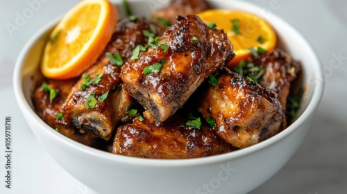 Delicious canard à l'orange with fresh orange slices and herbs in a white bowl photo