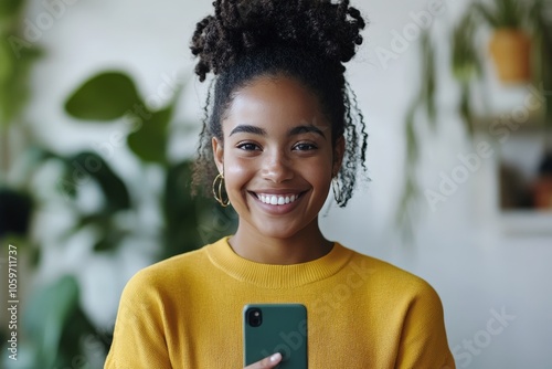 A young woman in a yellow sweater holds her smartphone, representing engagement and happiness in a modern, vibrant environment with lush greenery behind. photo