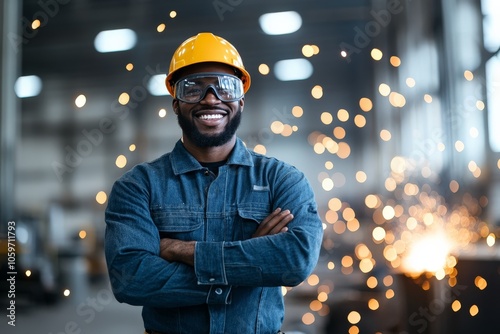 A cheerful worker in a safety helmet smiles confidently as they stand in a vibrant factory setting with bright sparks in the background, full of optimism. photo