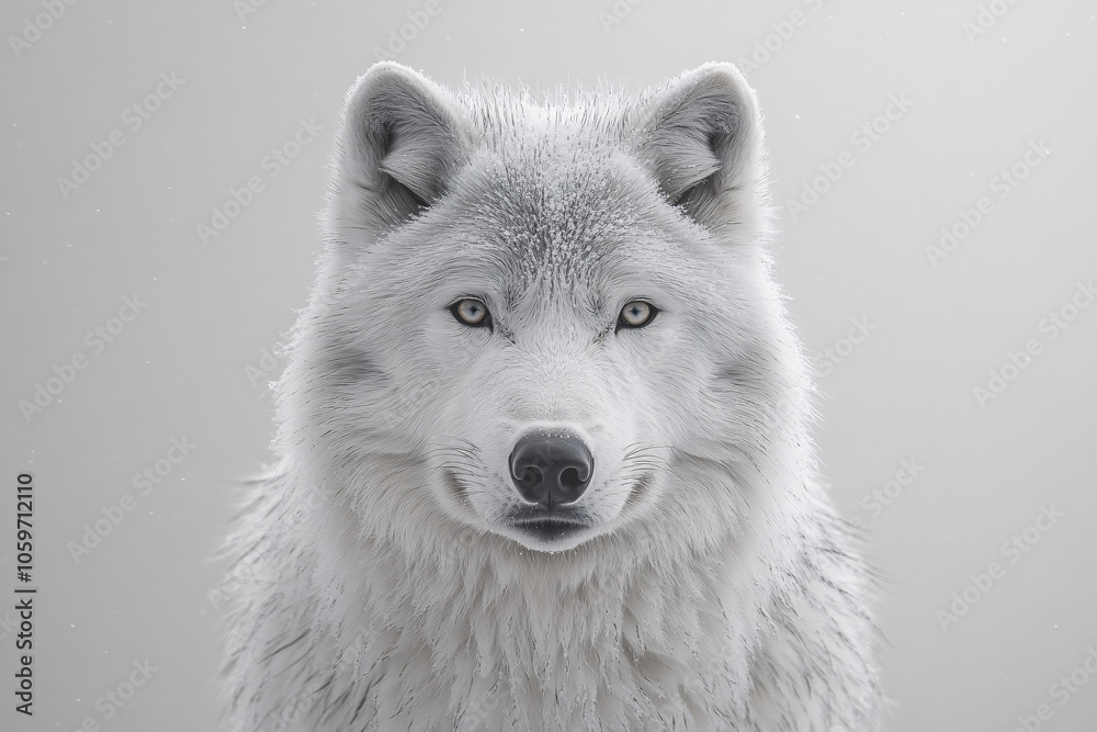 Obraz premium Arctic wolf standing majestically in the snow with intense gaze, showcasing its pristine white fur and serene nature. Perfect for wildlife and nature-themed content.