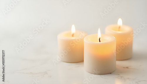 "Lit aromatic candles on a white background, evoking a sense of comfort and relaxation." 