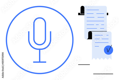 Simple linear design showing a microphone in a circle beside scroll documents with a check mark. Ideal for transcription, podcasts, documentation, audio recording, and organizing services