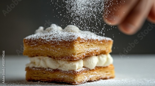 Exquisite layered mille feuille dessert with powdered sugar dusting photo