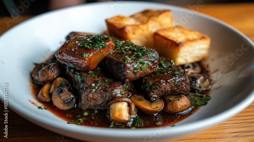 Gourmet delight: flat lay of beef bourguignon with red wine and mushroom sauce for culinary inspiration photo