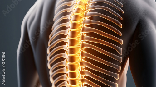 3D illustration of a human spine with glowing vertebrae and ribcage on a dark background, focusing on anatomical structure and back health photo