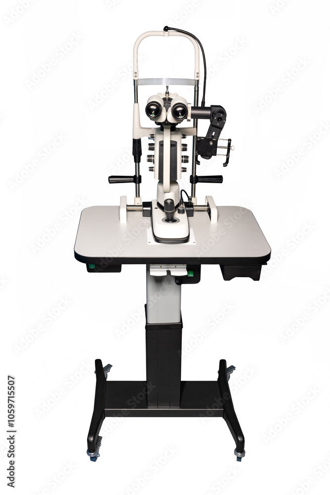 Professional medical device used in ophthalmology, adjustable eye examination tool, advanced slit lamp machine, vision testing equipment concept.