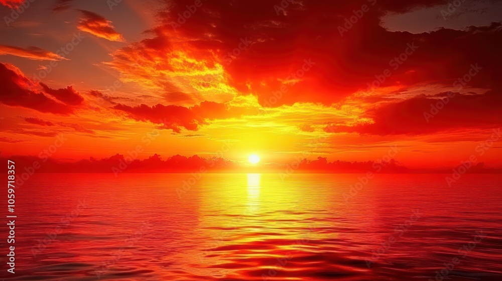 Fototapeta premium A fiery sunset over a calm sea.